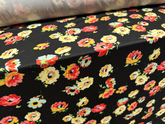 ITY stretch spandex single jersey fabric, per metre - flower print - black lemon & pink