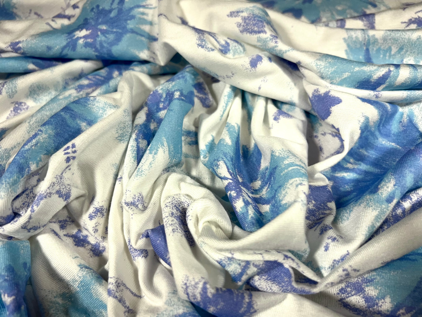 Viscose spandex stretch single jersey fabric, per metre - watercolour flower print - blue