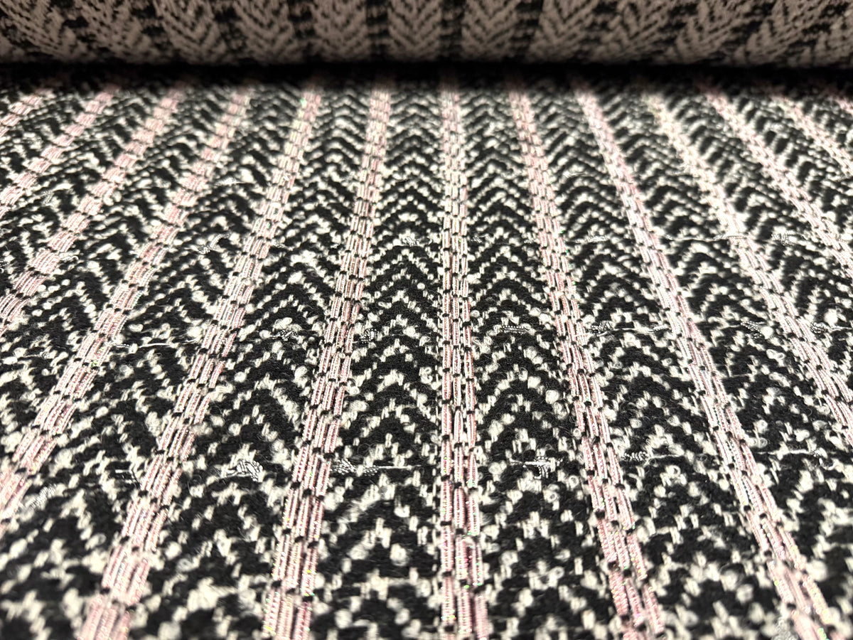 Heavyweight wool bouclé fabric, per metre - herringbone - black & white with pink metallic stripe