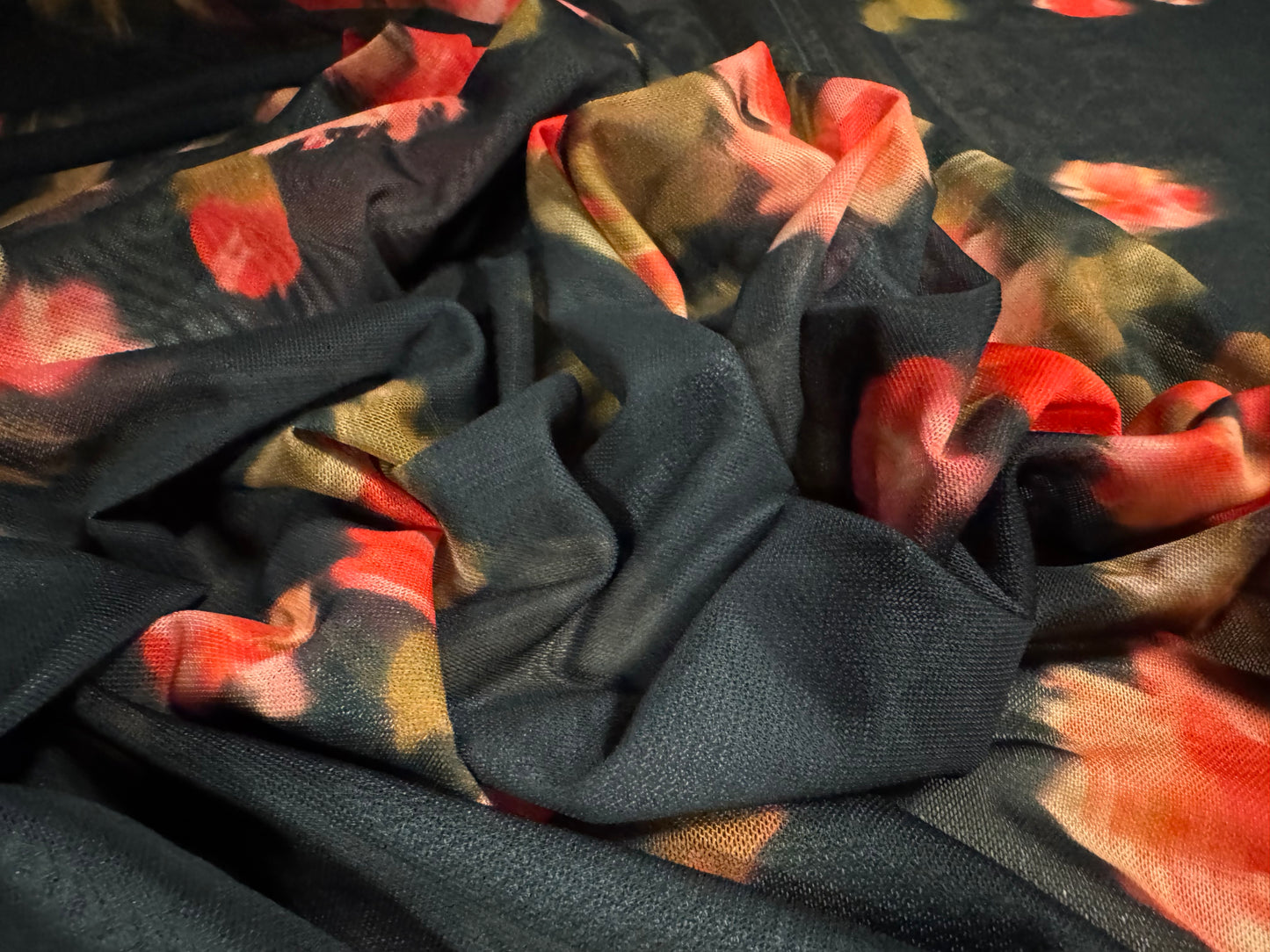 Power mesh net stretch spandex fabric, per metre - soft focus roses print - black & red