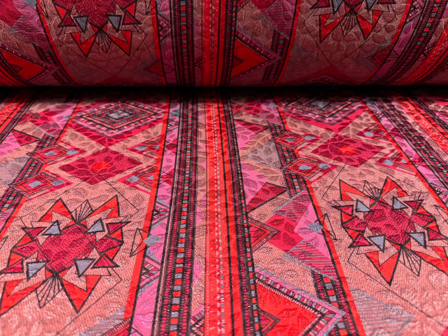 Stretch spandex jersey jacquard fabric, per metre - Aztec print - wine & dusky pink
