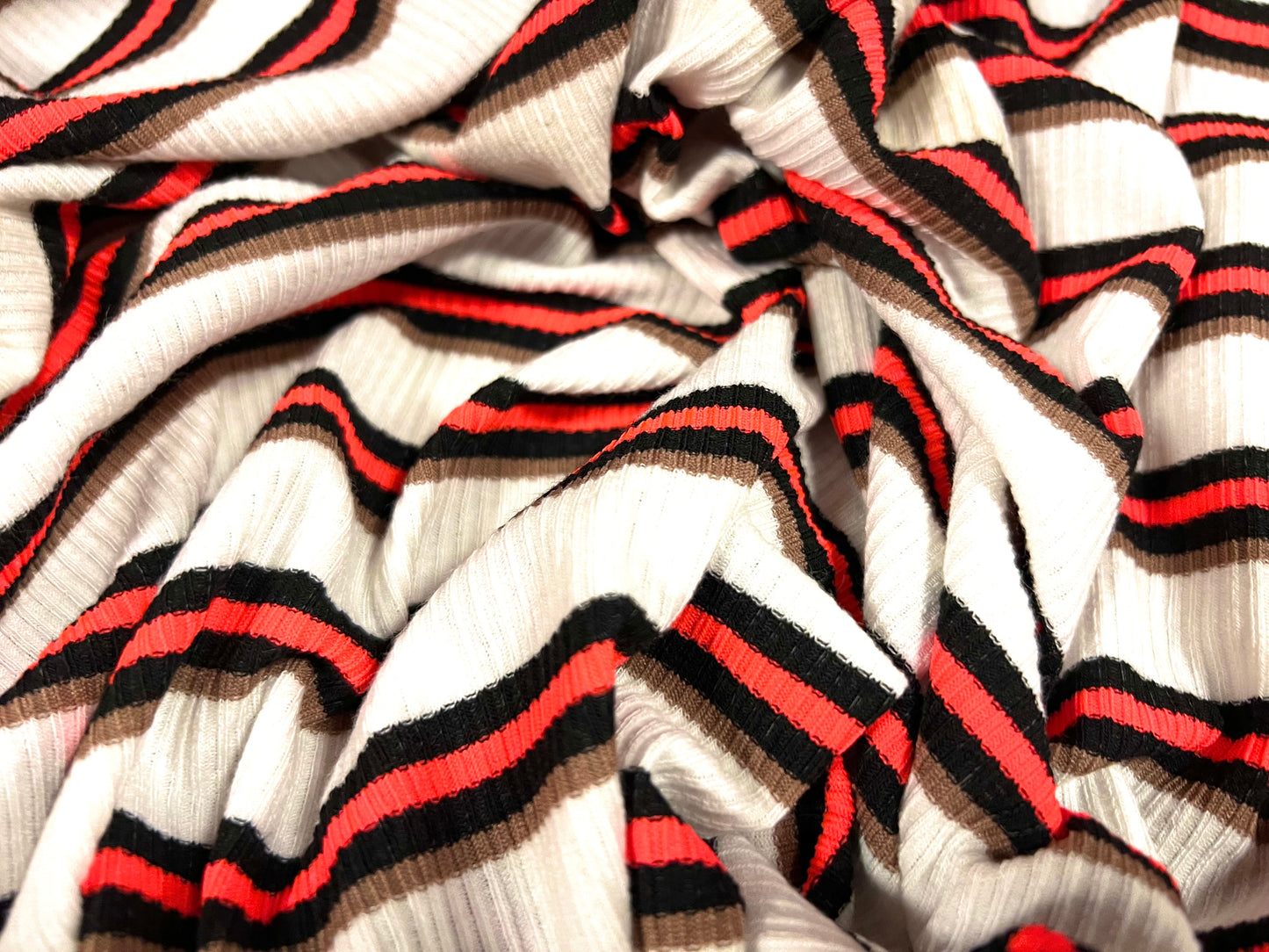 Stretch Spandex rib jersey fabric, per metre - stripe - white, black & hot coral