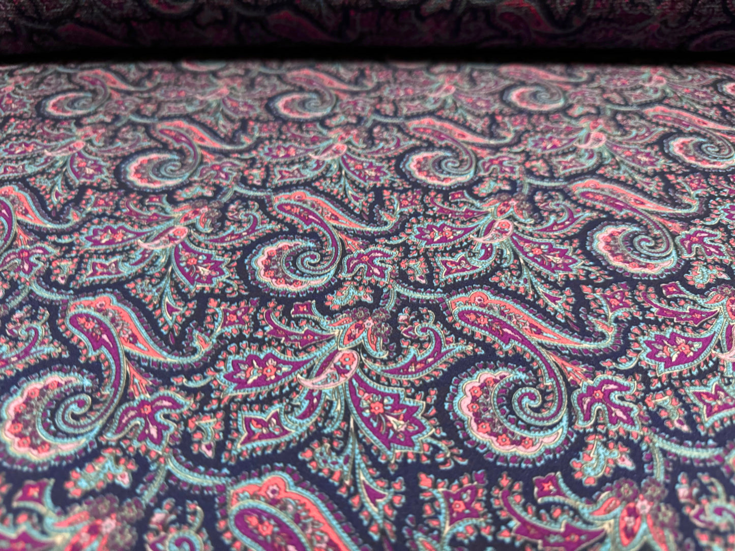 Bubble crepe stretch woven dress fabric, per metre - paisley print - navy blue & pink