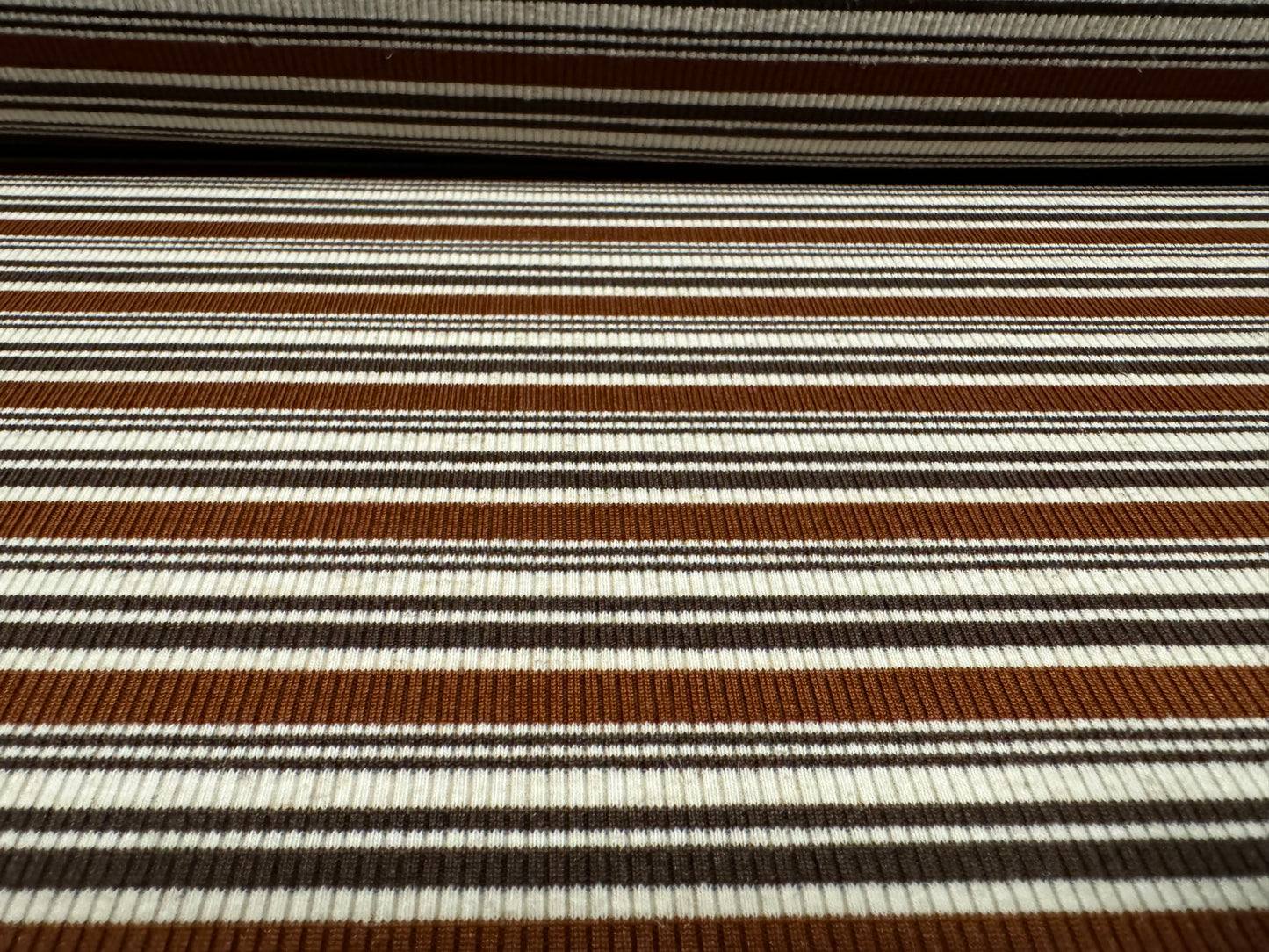 Stretch Spandex rib jersey fabric, per metre - stripe - chestnut brown & cream