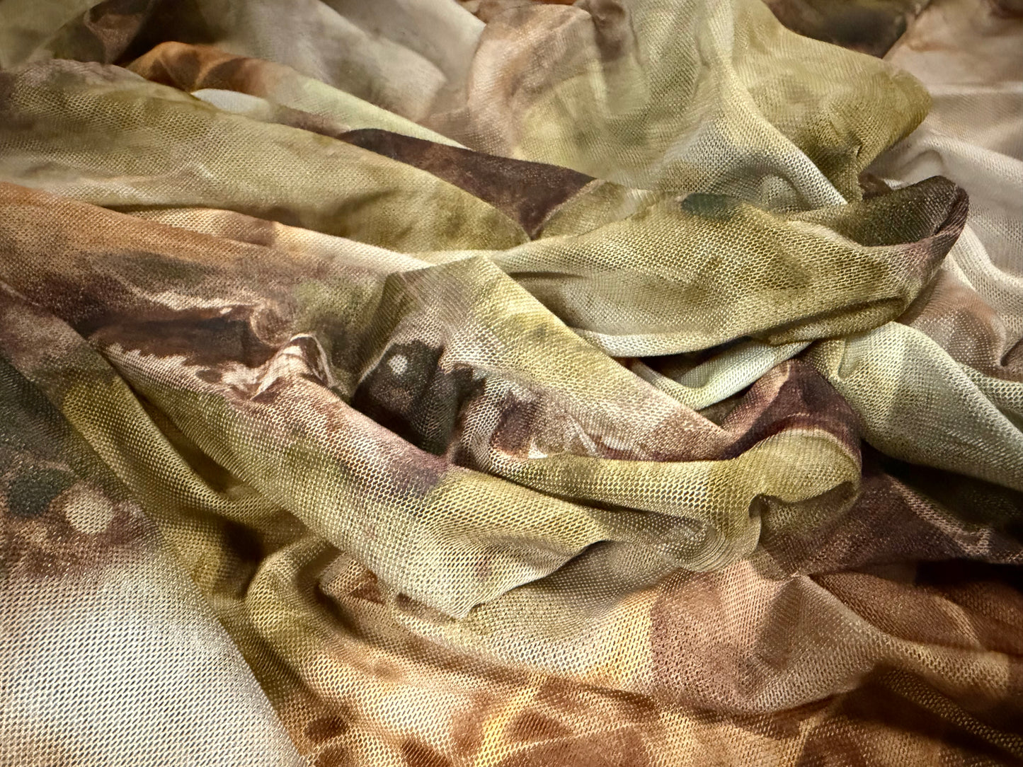 Power mesh net stretch spandex fabric, per metre - quartz print - green & brown