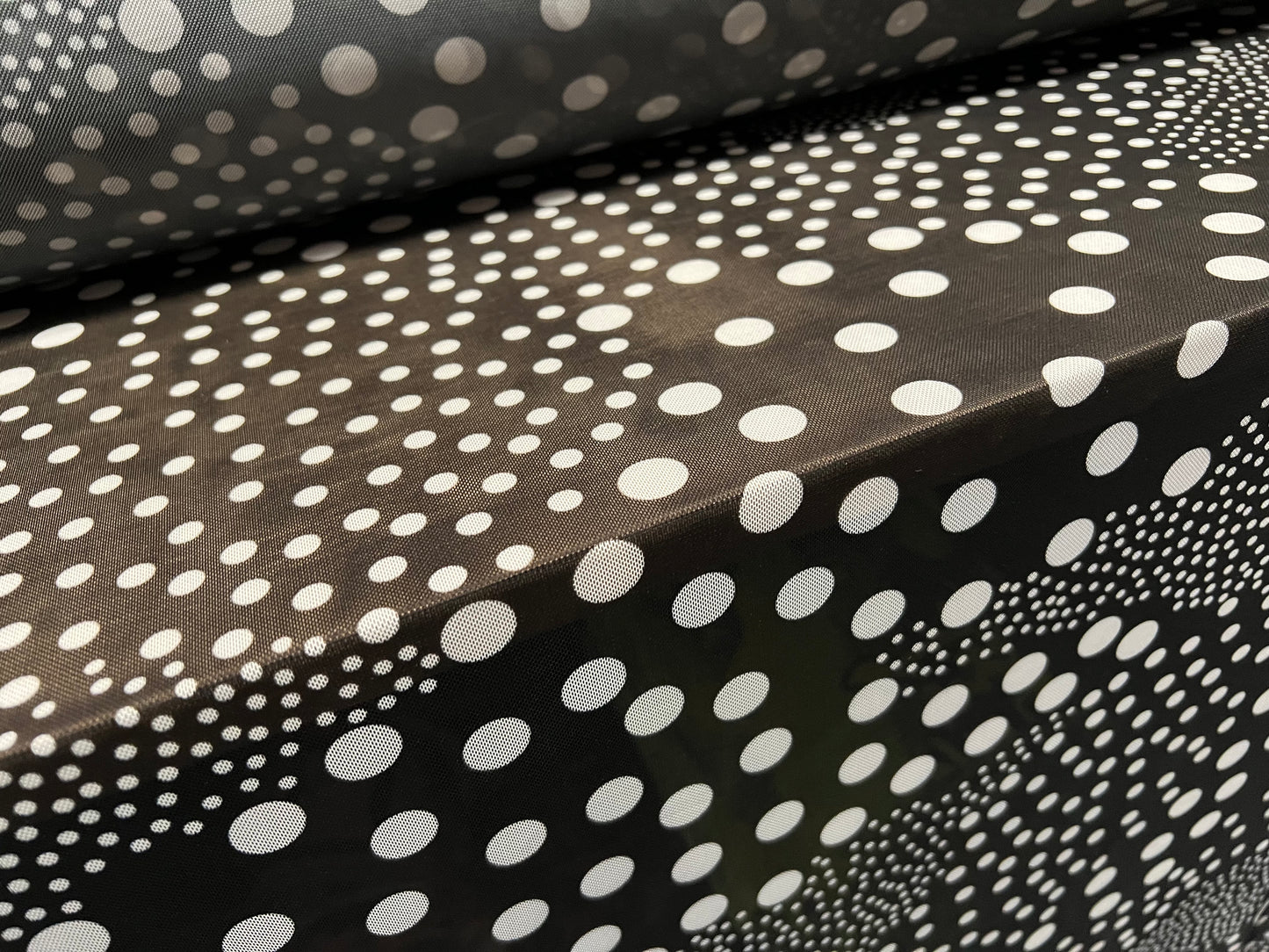 Power mesh net sheer stretch spandex fabric, per metre - swirl spots print - black & white