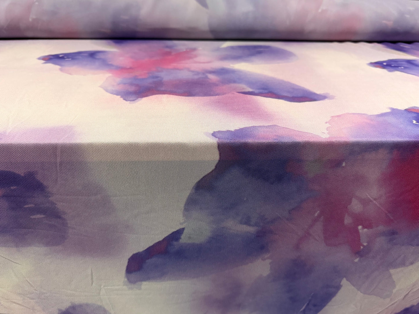 Power mesh net stretch spandex fabric, per metre - floral print - lilac & lavender