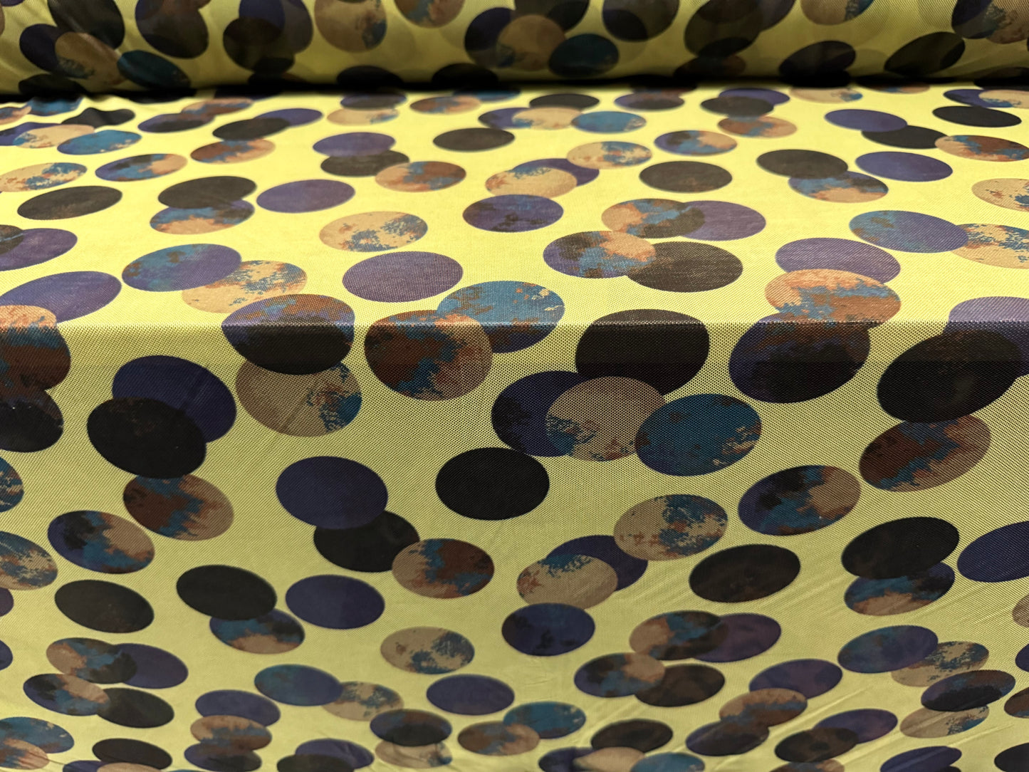 Power mesh net stretch spandex fabric, per metre - Moons of Jupiter - chartreuse