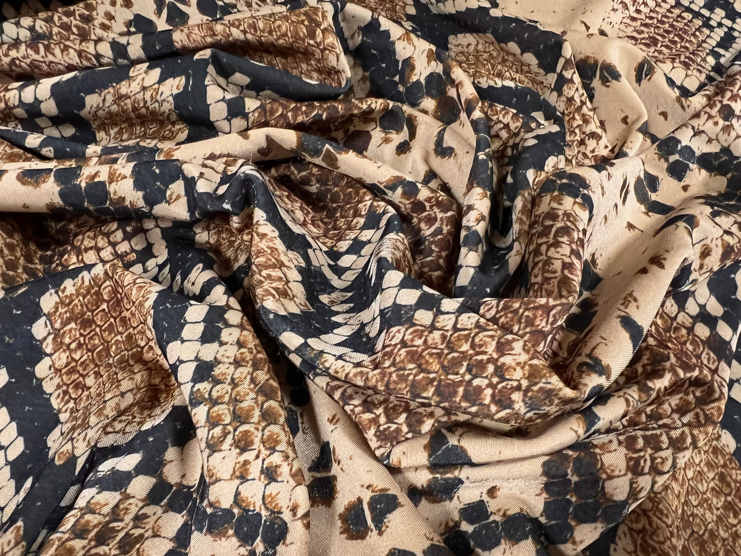 Swimwear stretch spandex jersey fabric, per metre - snakeskin animal print - brown & stone