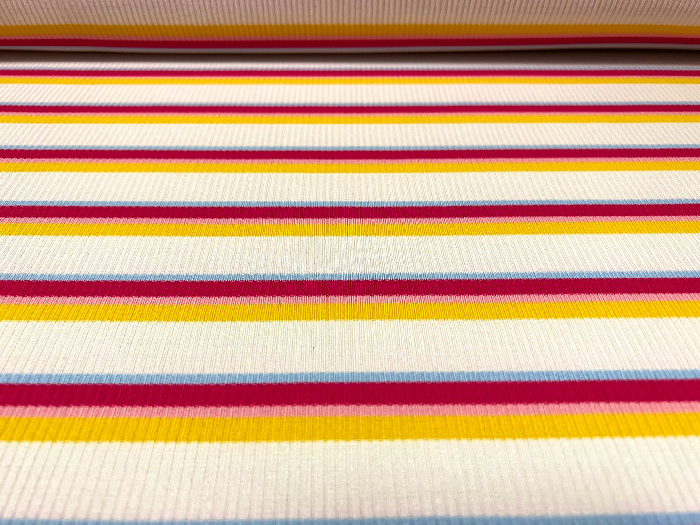 Stretch Spandex rib jersey fabric, per metre - stripe - white, pink & yellow