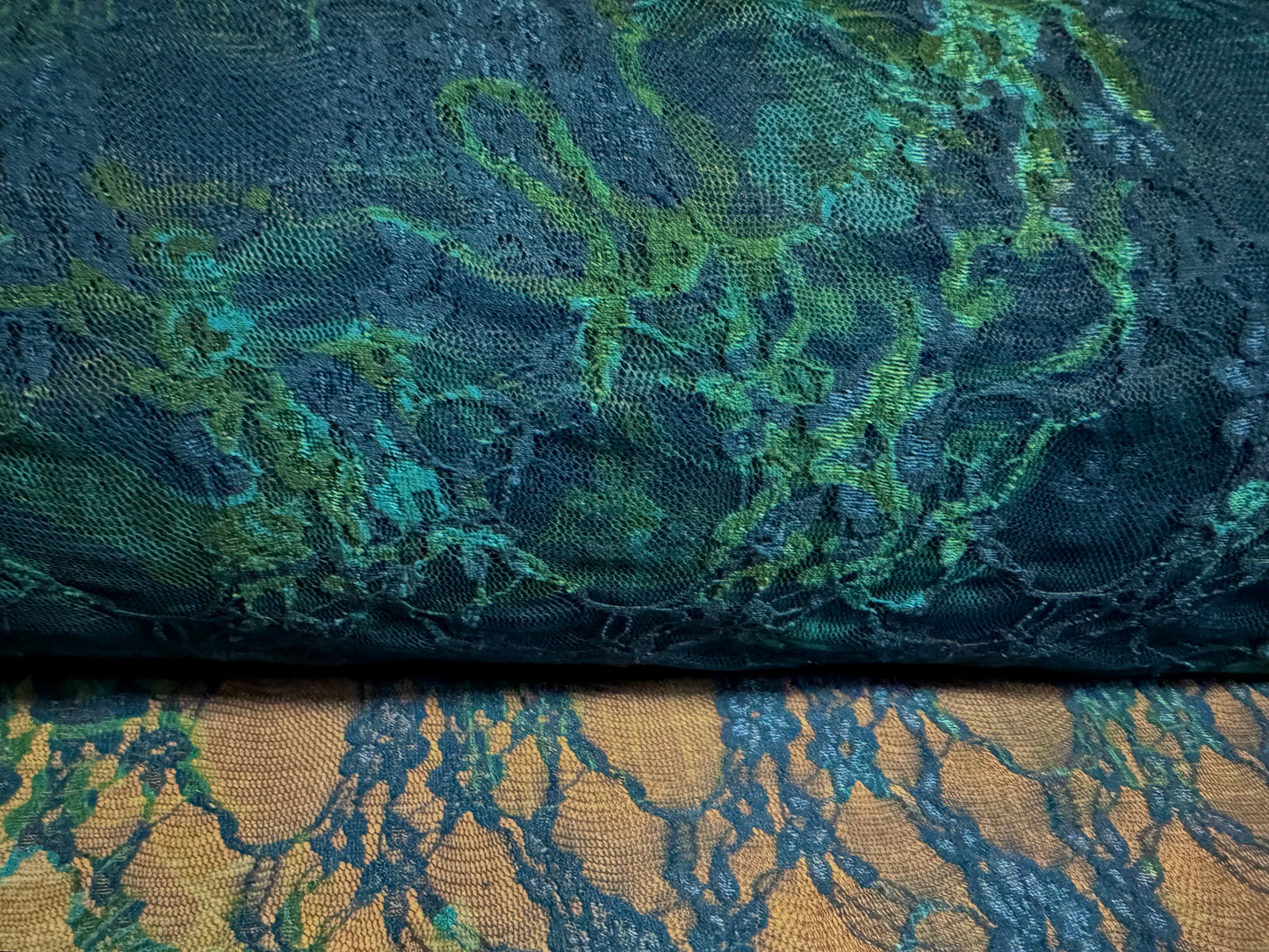 Stretch spandex mesh lace fabric, per metre - dragon print - blue & green