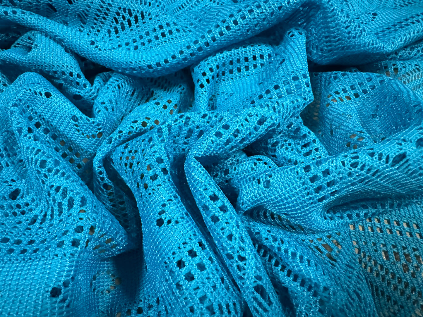 Crochet lace dress fabric, per metre - geometric stripe - turquoise blue