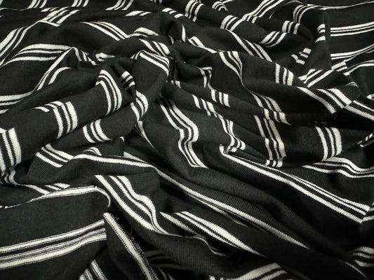 Viscose spandex stretch single jersey fabric, per metre - stripes - black white & grey