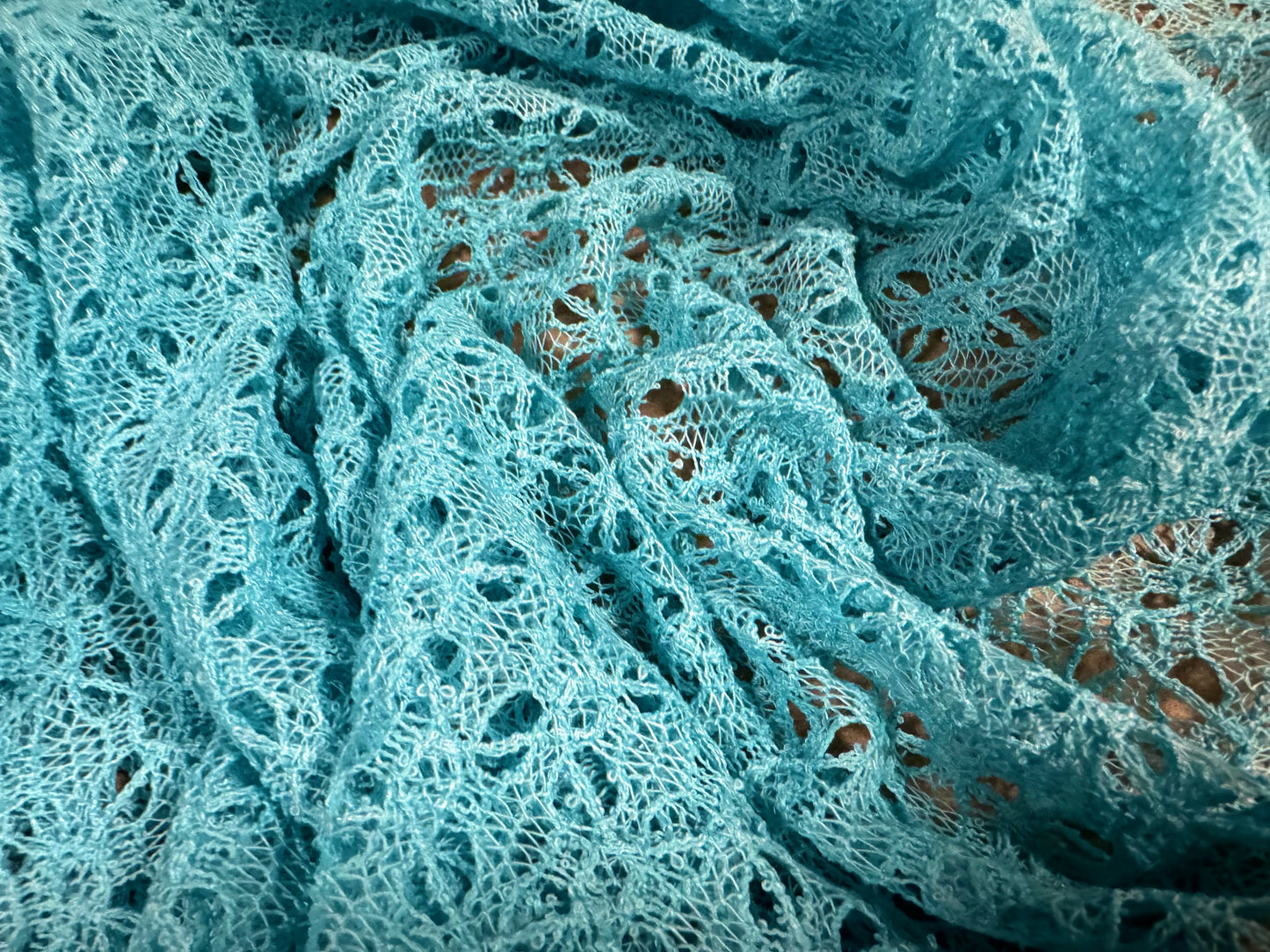 Crochet knit lace dress fabric, per metre - turquoise blue