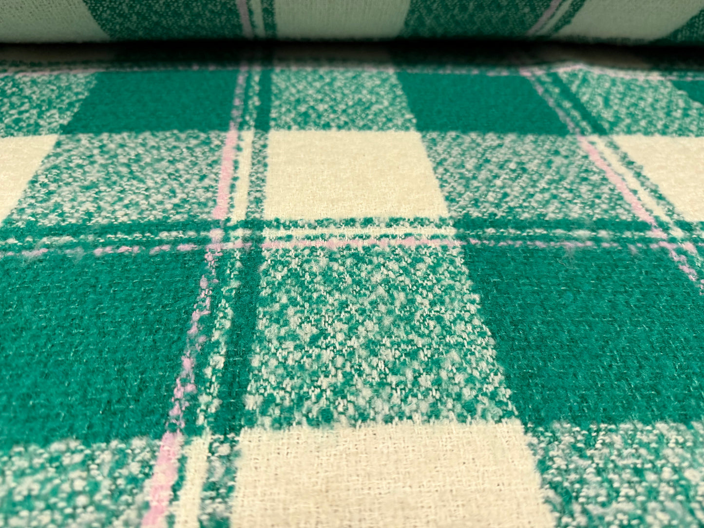 Wool bouclé fabric, per metre - check - emerald green white & pink