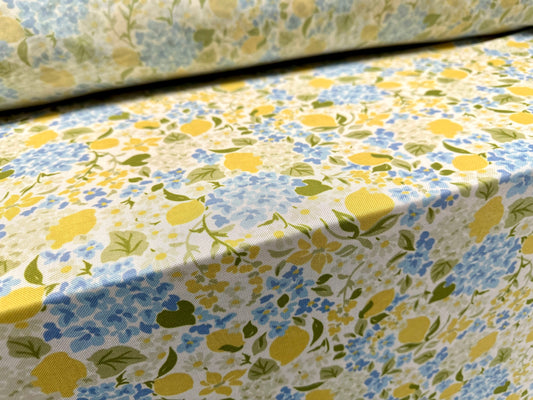 Power mesh net stretch spandex fabric, per metre - lemons and flowers print - yellow & blue