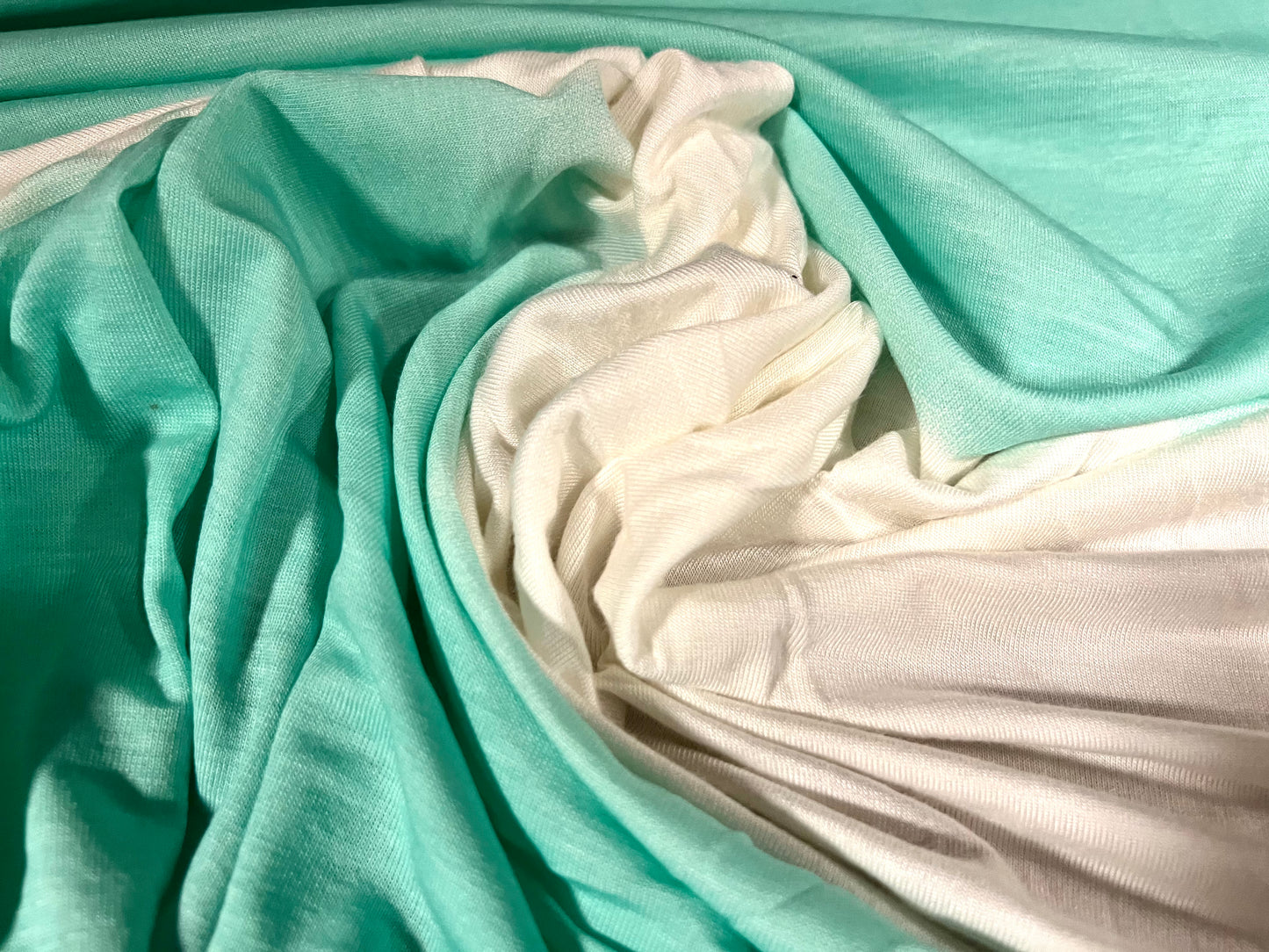 Viscose spandex stretch single jersey fabric, per metre - Ombré stripe print - turquoise & white