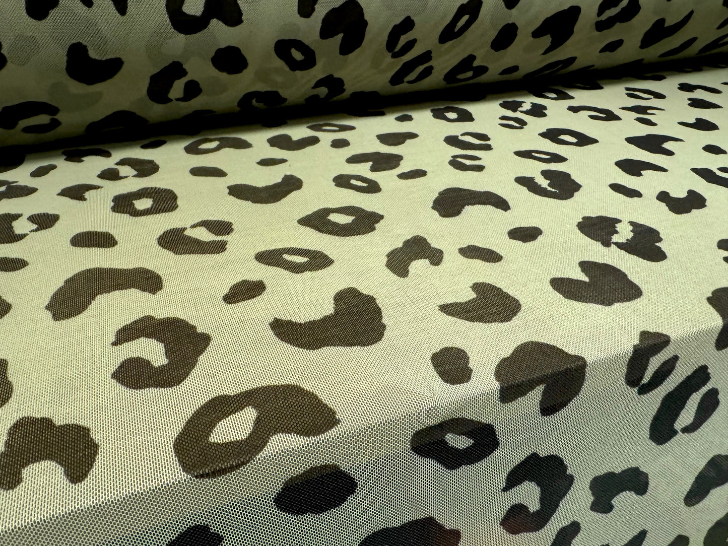 Power mesh net stretch spandex fabric, per metre - cheetah animal print - sage green