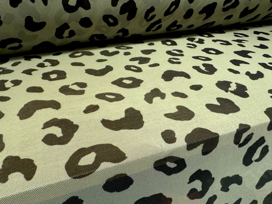 Power mesh net stretch spandex fabric, per metre - cheetah animal print - sage green