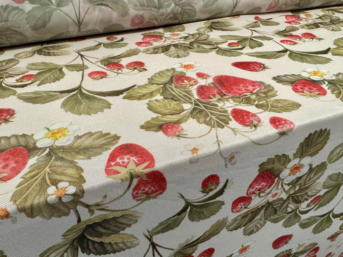 Power mesh net stretch spandex fabric, per metre - strawberries print - ecru green & red