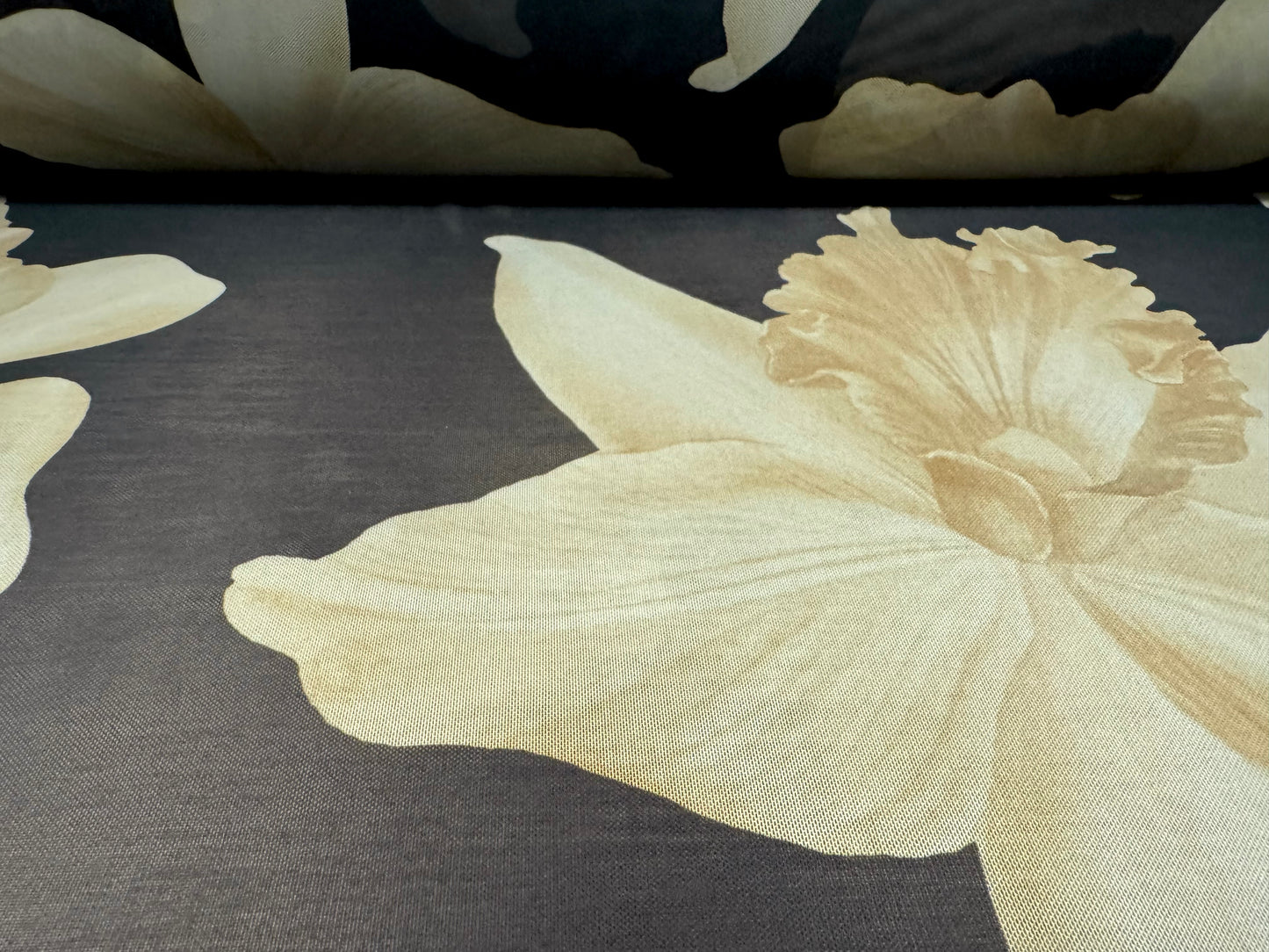 Power mesh net stretch spandex fabric, per metre - jumbo lily floral print - black & sage