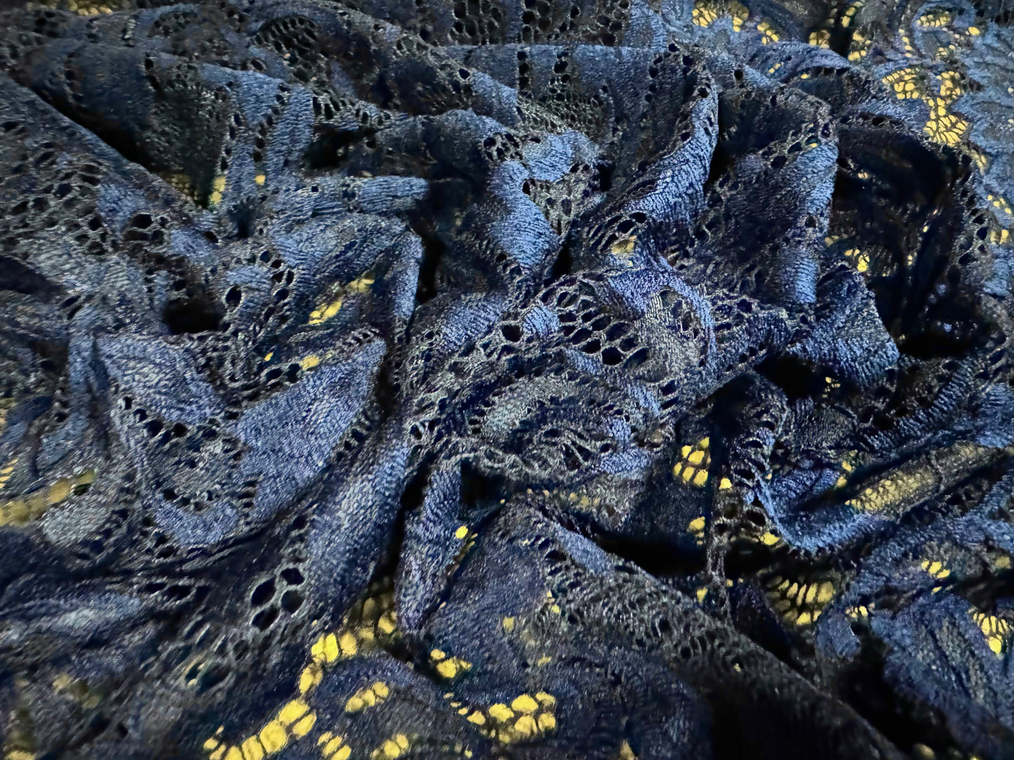 Soft stretch lace dress fabric, per metre - scalloped selvedge - floral - navy blue