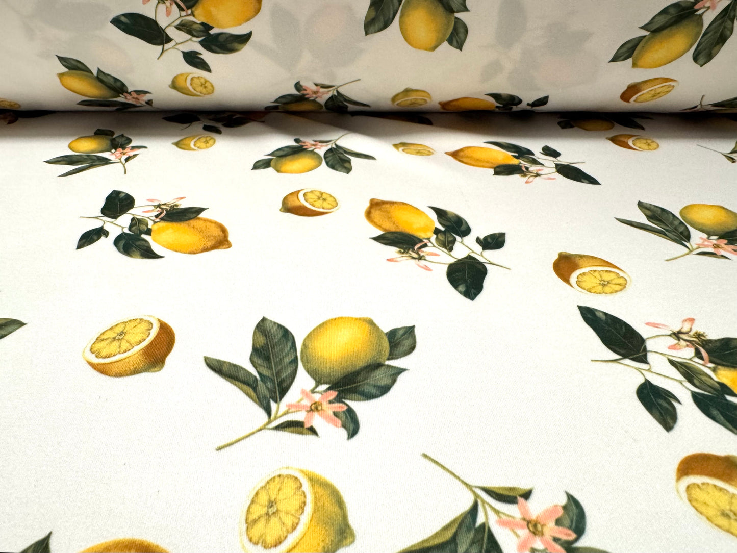 Scuba stretch spandex double jersey dress fabric, per metre - lemons print - yellow & white