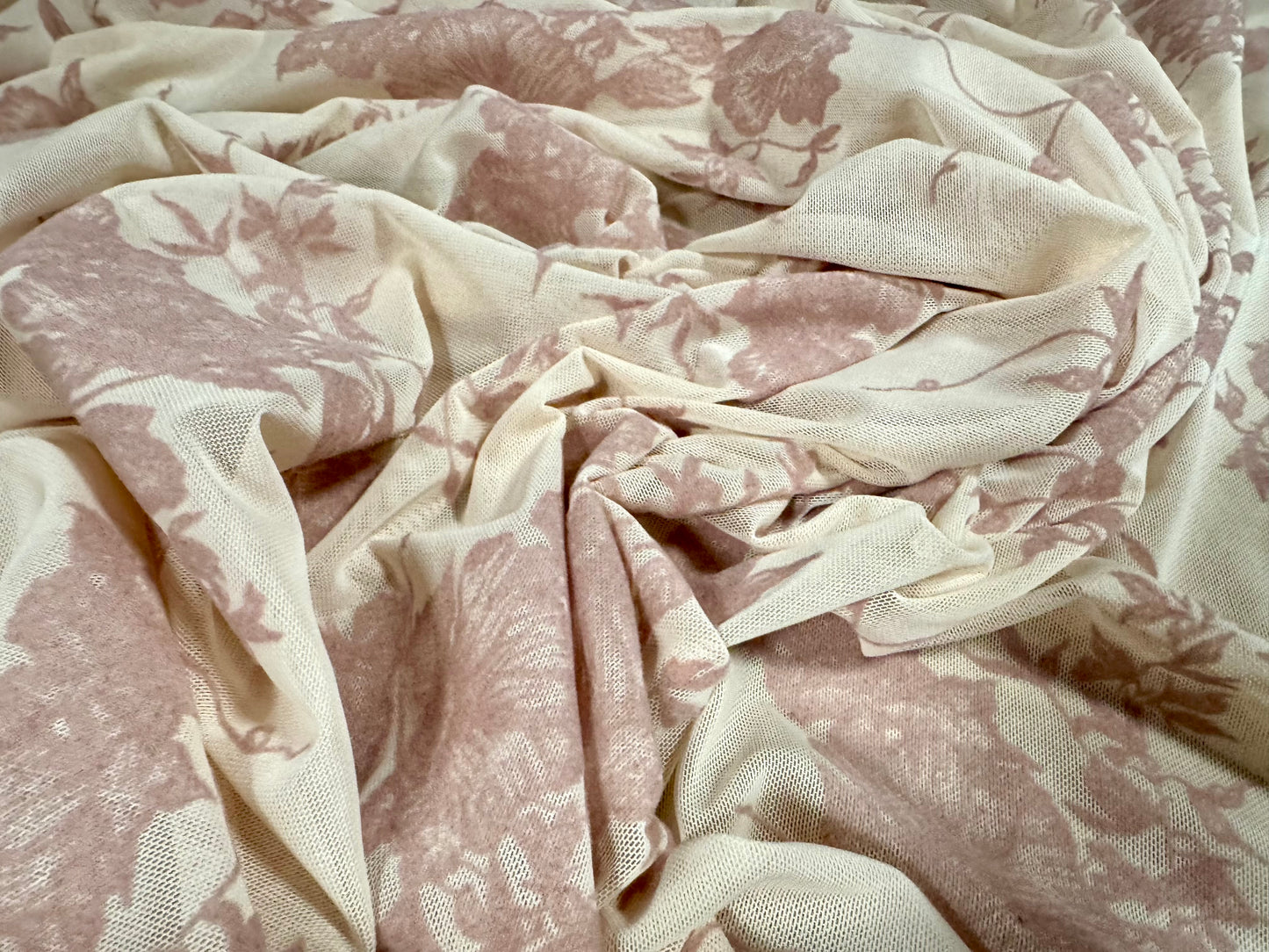Power mesh net sheer stretch spandex fabric, per metre - flocked rose print - skin tone & dusky