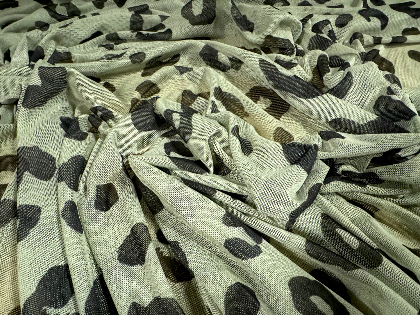 Power mesh net stretch spandex fabric, per metre - cheetah animal print - sage green
