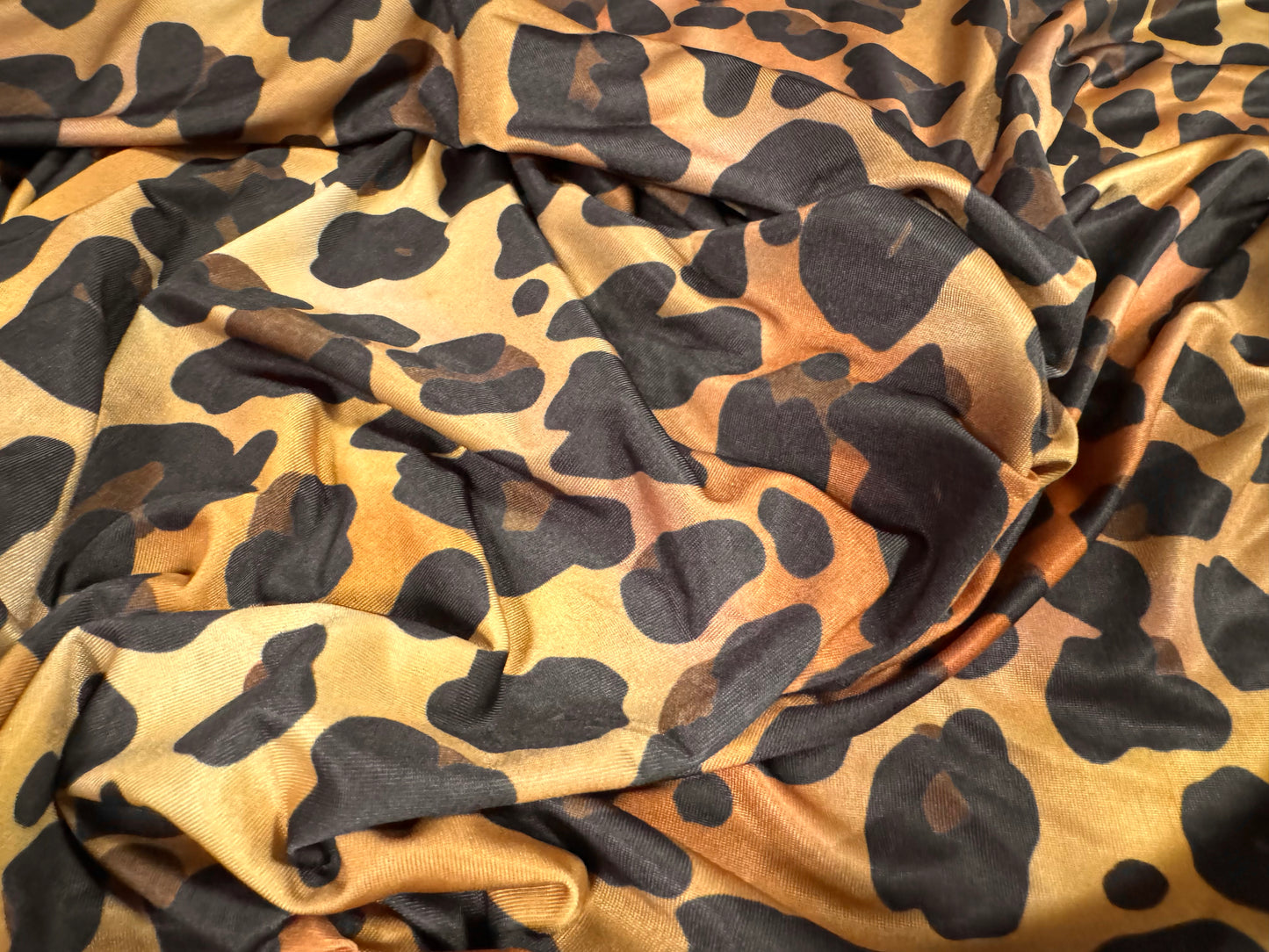 Soft touch stretch spandex single jersey fabric, per metre - stylised leopard print - gold & amber