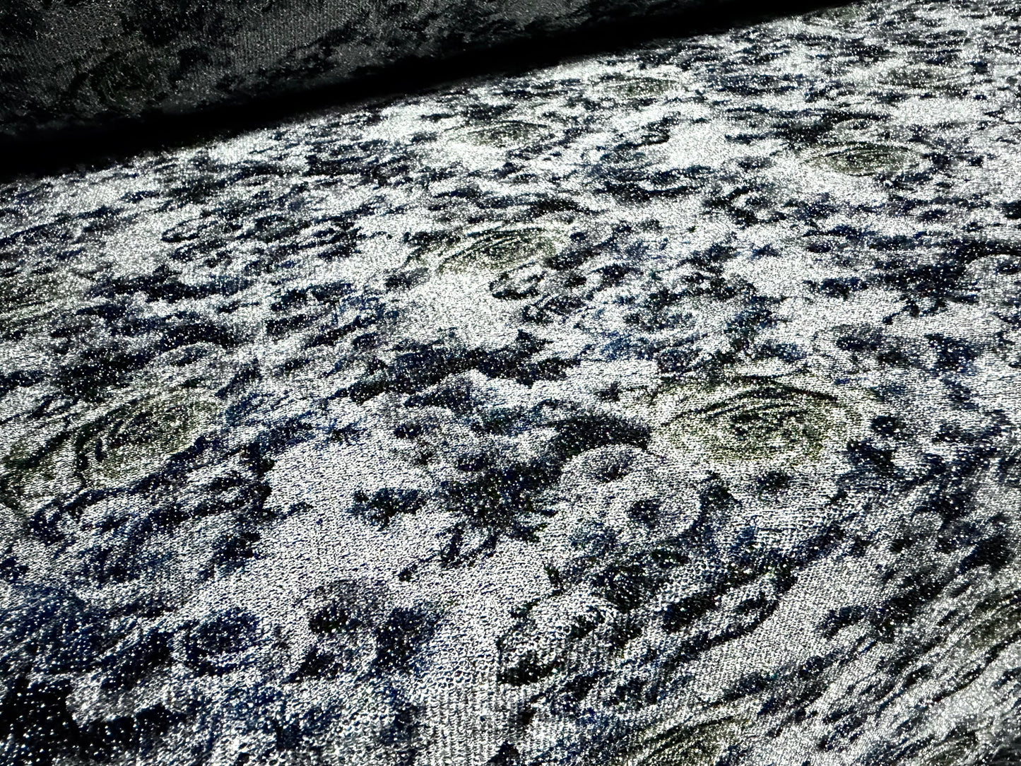 Metallic slinky spandex jersey fabric, per metre - floral - navy & silver