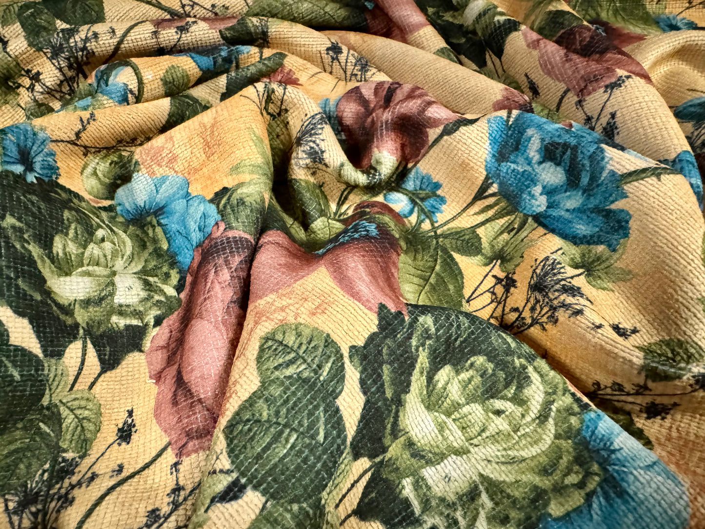 Chenille upholstery fabric, per metre - wild rose print - old gold