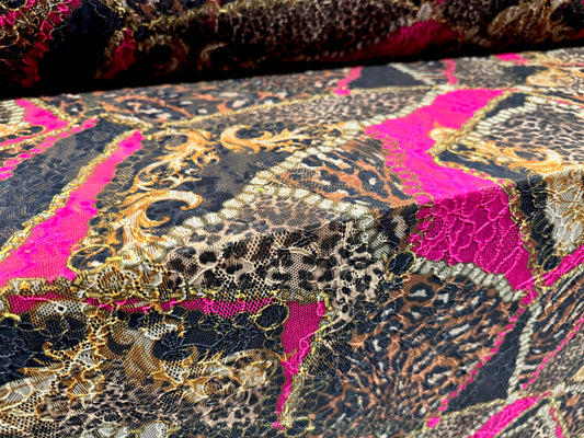 Stretch spandex lace fabric, per metre - leopard & chains print - black gold & pink