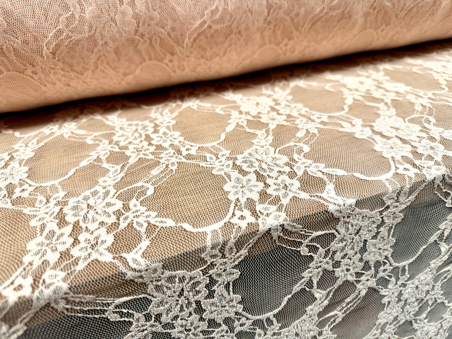 Stretch spandex mesh lace net fabric, per metre - floral - blush pink