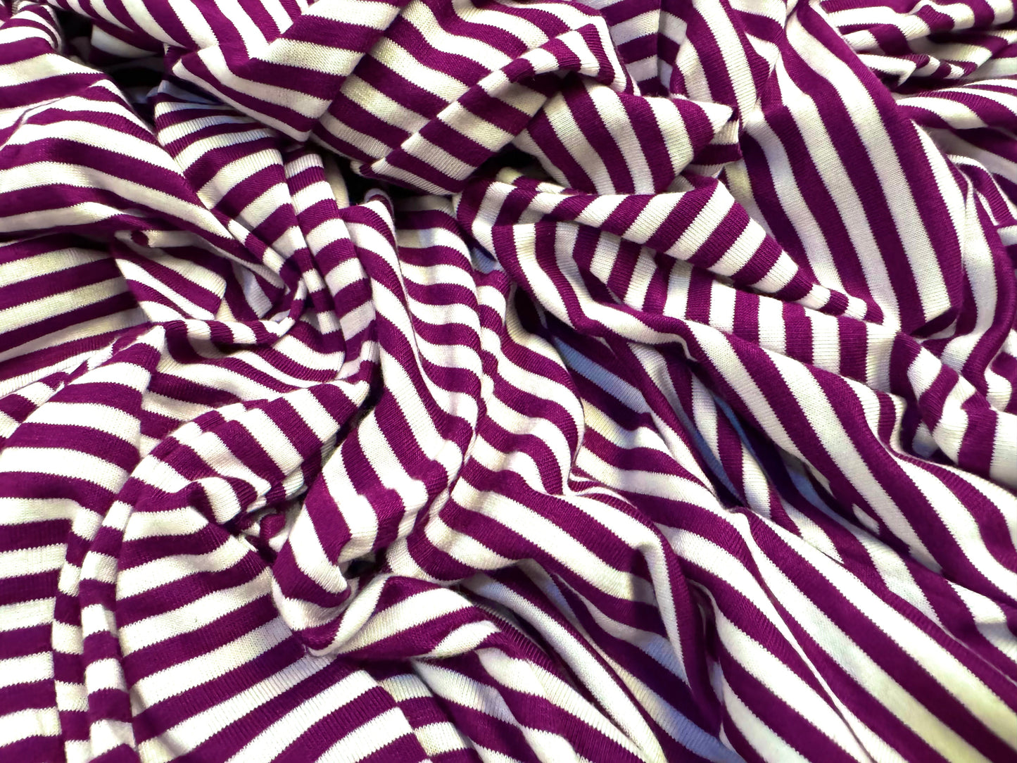 Viscose spandex stretch single jersey fabric, per metre - Breton stripe - plum & white