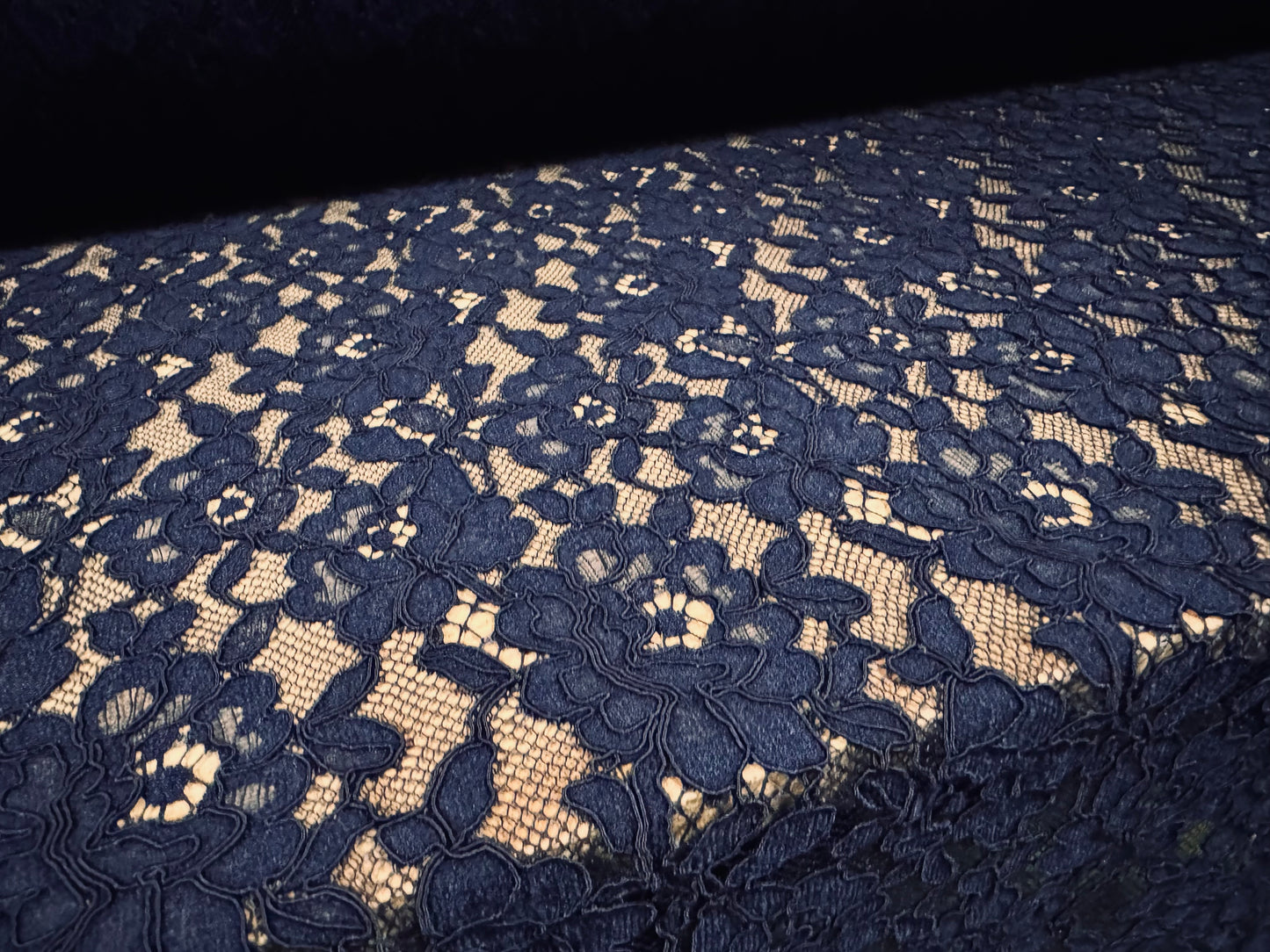 Heavy corded Alencon lace dress fabric, per metre - floral - dark navy blue