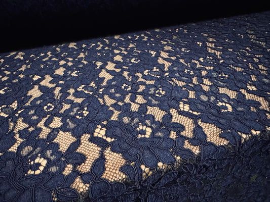 Heavy corded Alencon lace dress fabric, per metre - floral - dark navy blue