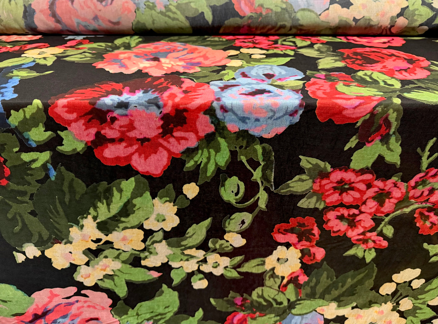 Stretch chiffon jersey fashion fabric, per metre - floral print - black & pink