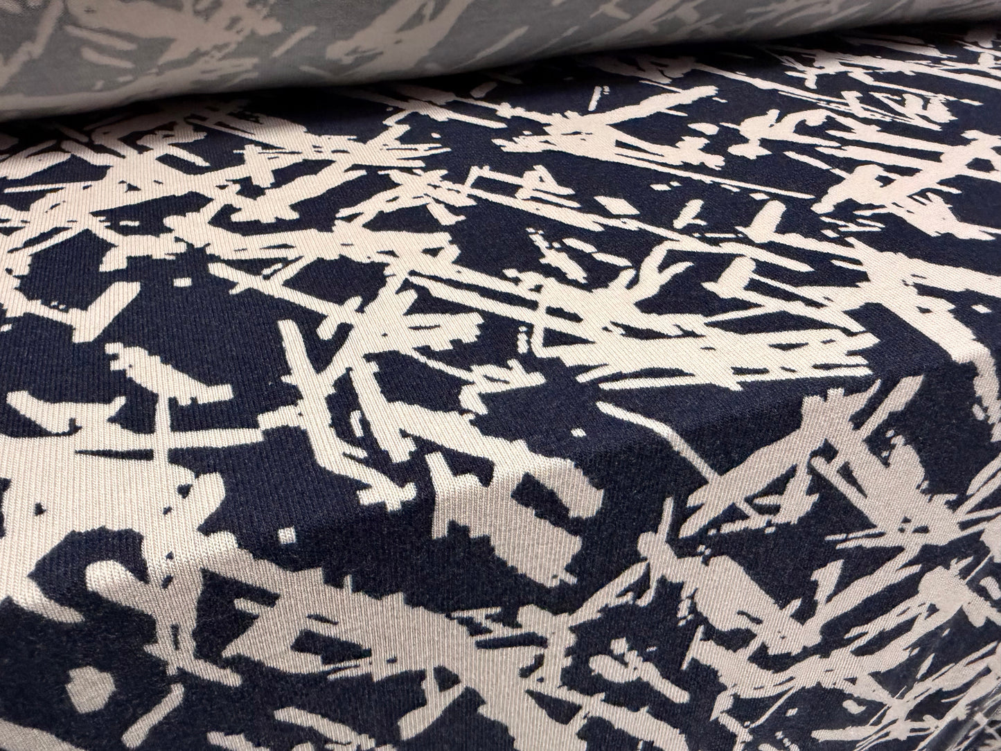 Lambswool stretch jersey knit fabric, per metre - abstract print - navy & blush