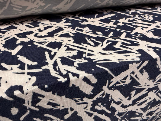 Lambswool stretch jersey knit fabric, per metre - abstract print - navy & blush
