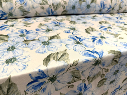 Pongee woven dress fabric, per metre - floral print - pastel blue & white