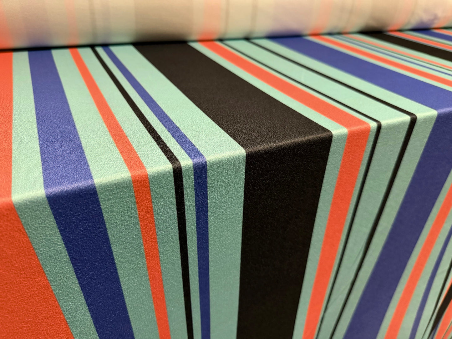 Valentino crepe stretch spandex jersey fabric, per metre - Roman stripe print - duck egg violet & coral