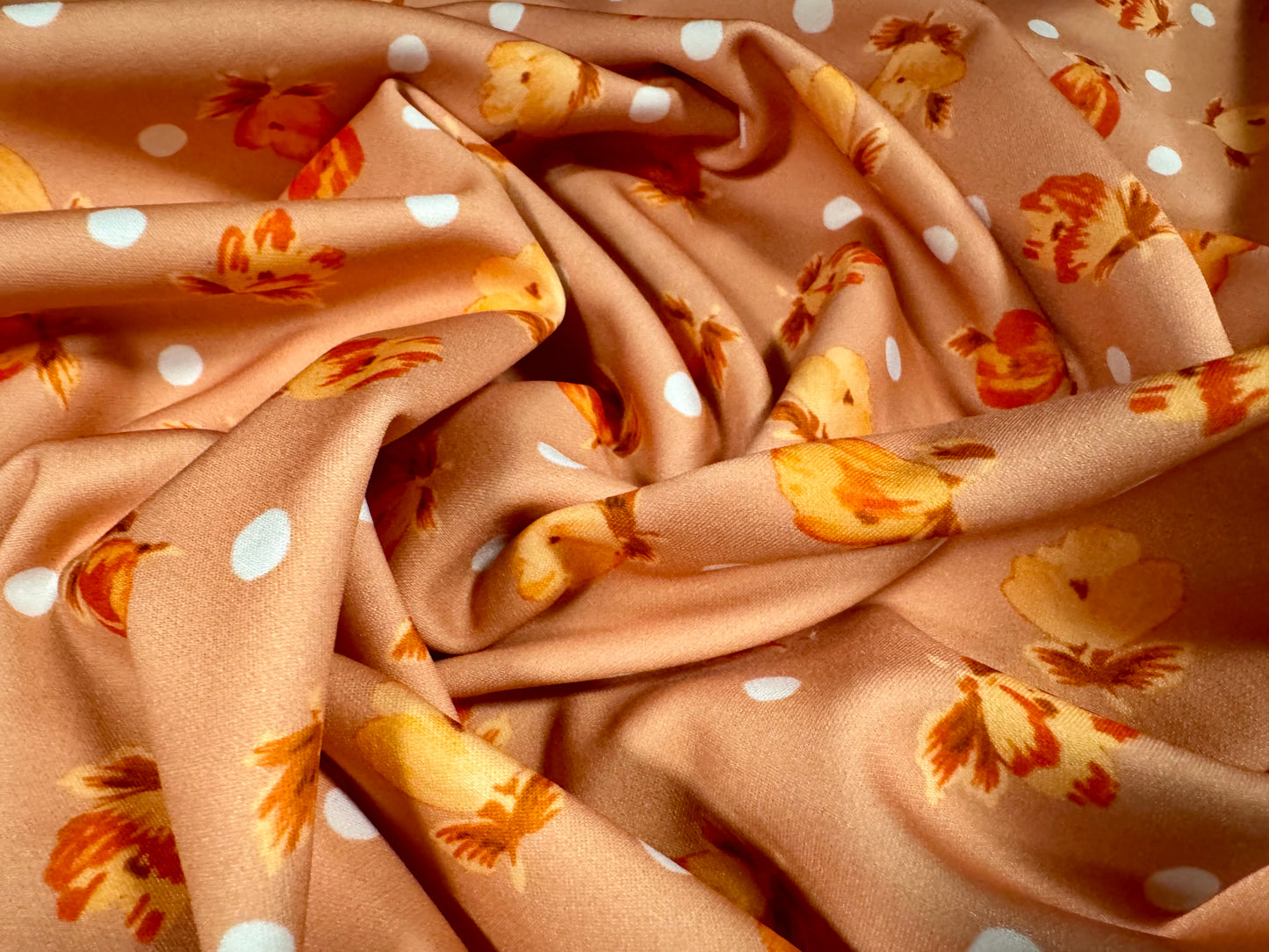 Scuba stretch spandex double jersey dress fabric, per metre - rose buds and polka dots print - dirty peach