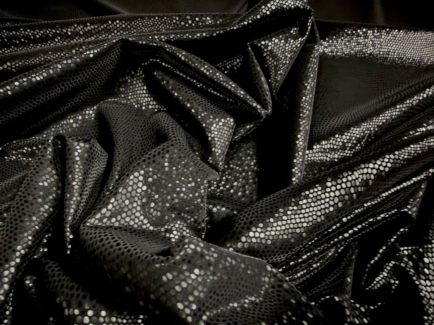 Embossed faux leather pvc coated jersey fabric, per metre - snakeskin - black