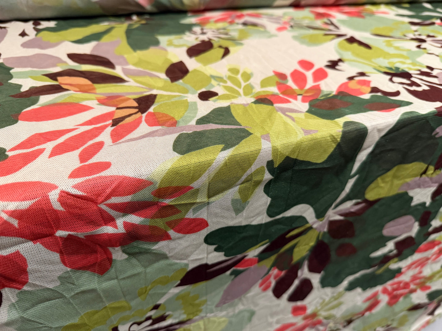 Crushed lightweight mesh fabric, per metre - jungle flower print - green