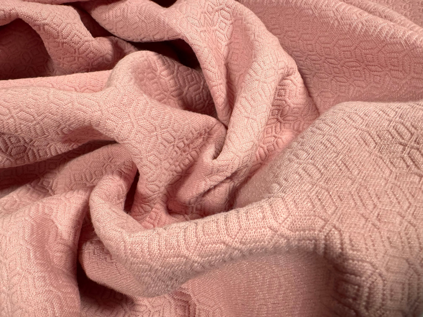 Heavyweight double jersey stretch spandex fabric, per metre - embossed geometric design - pink