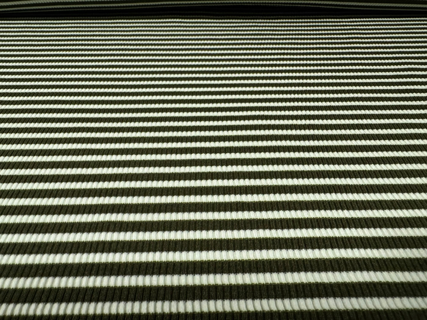 Stretch Spandex rib jersey fabric, per metre - stripe - olive green & white