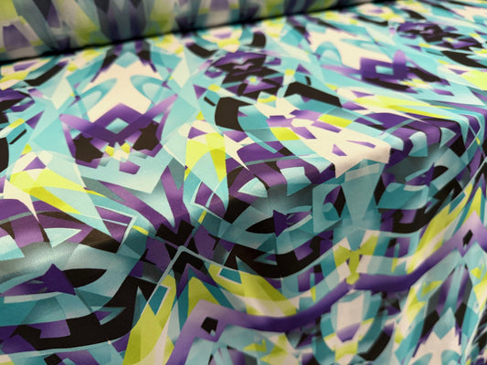 Chiffon lightweight woven dress blouse fabric, per metre - abstract geometric print - turquoise & purple
