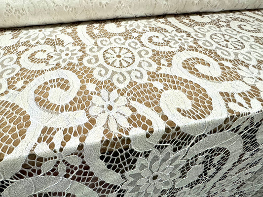 Soft lace dress fabric, per metre - floral swirl design - pearlescent white