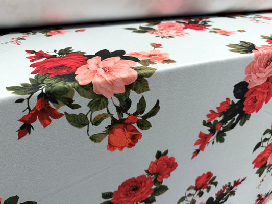 Scuba crepe stretch spandex double jersey fabric, per metre - rose floral print - sky blue